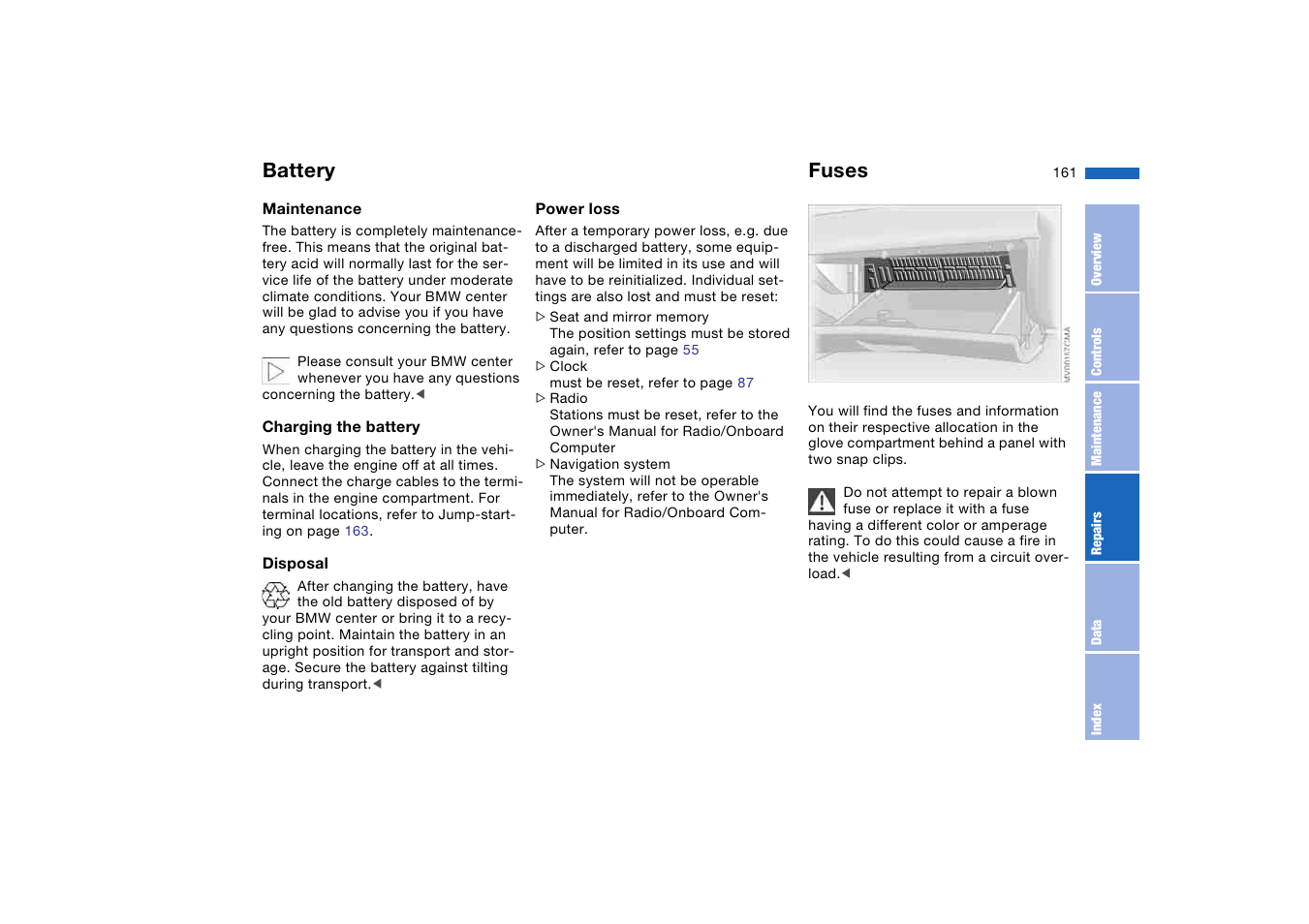 Battery, Fuses | BMW 330Ci Convertible 2005 User Manual | Page 161 / 190