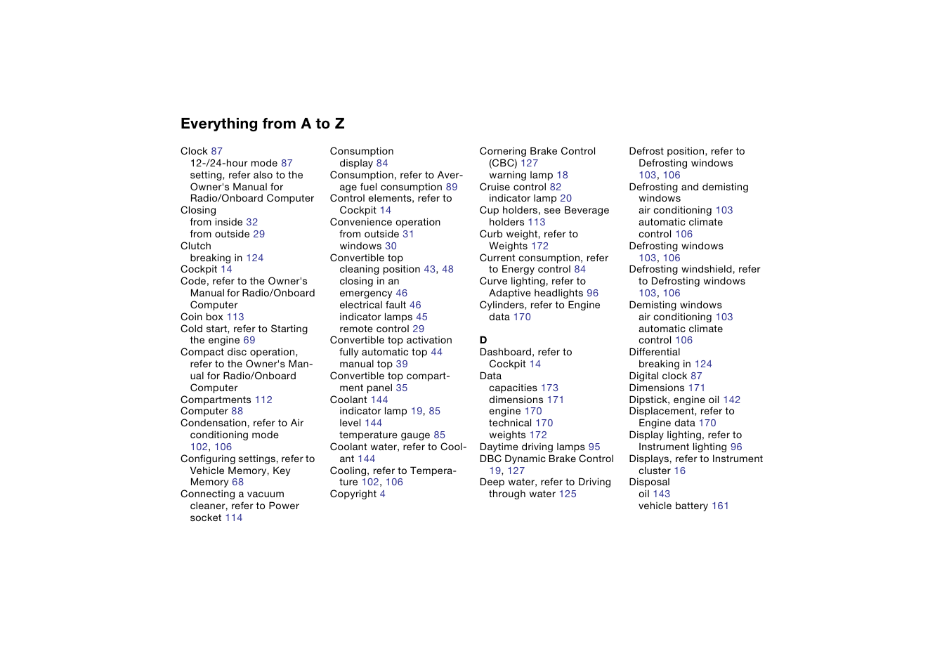 Everything from a to z | BMW 330Ci Convertible 2005 User Manual | Page 178 / 190