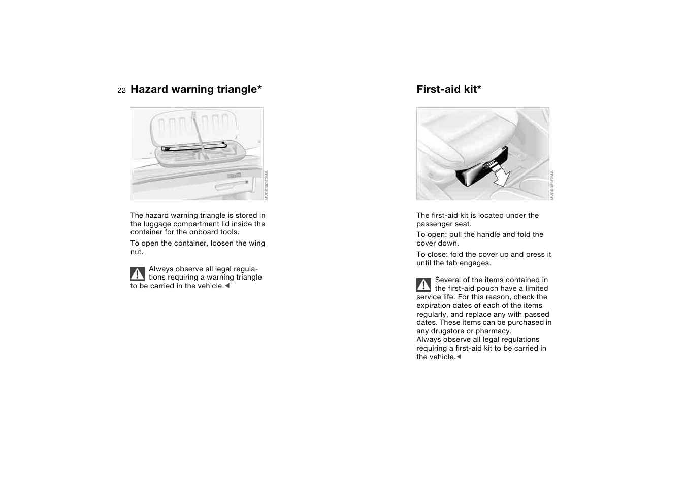 Hazard warning triangle, First-aid kit | BMW 330Ci Convertible 2005 User Manual | Page 22 / 190