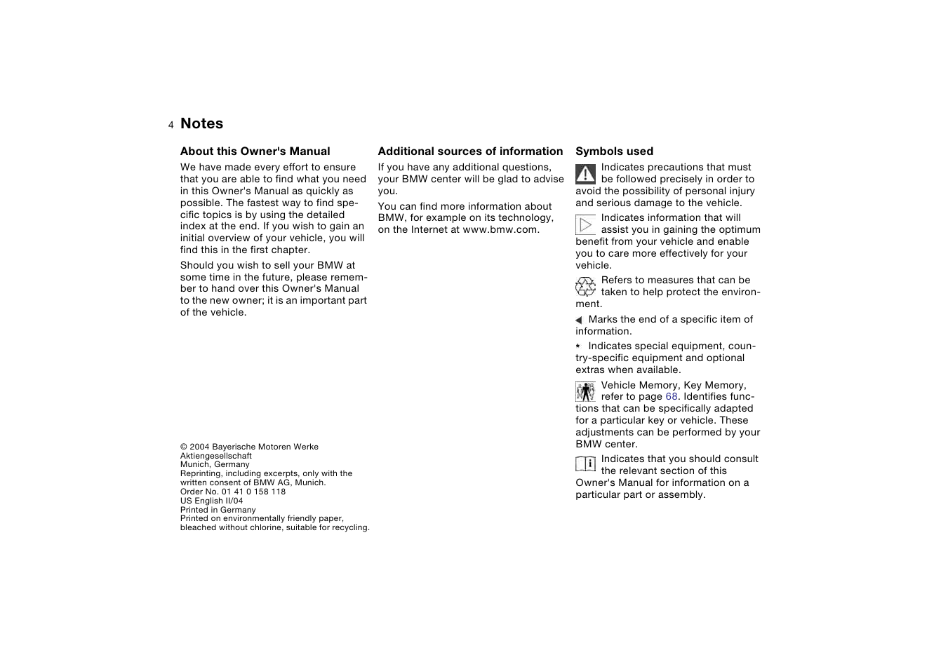 Notes, Additional sources of information, Symbols used | BMW 330Ci Convertible 2005 User Manual | Page 4 / 190