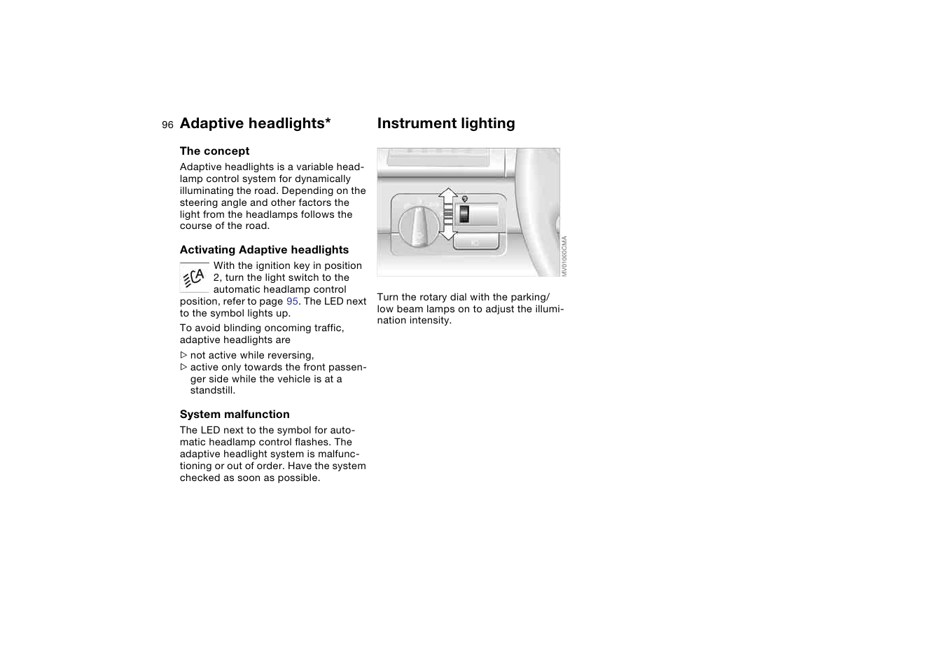 Adaptive headlights, Instrument lighting | BMW 330Ci Convertible 2005 User Manual | Page 96 / 190