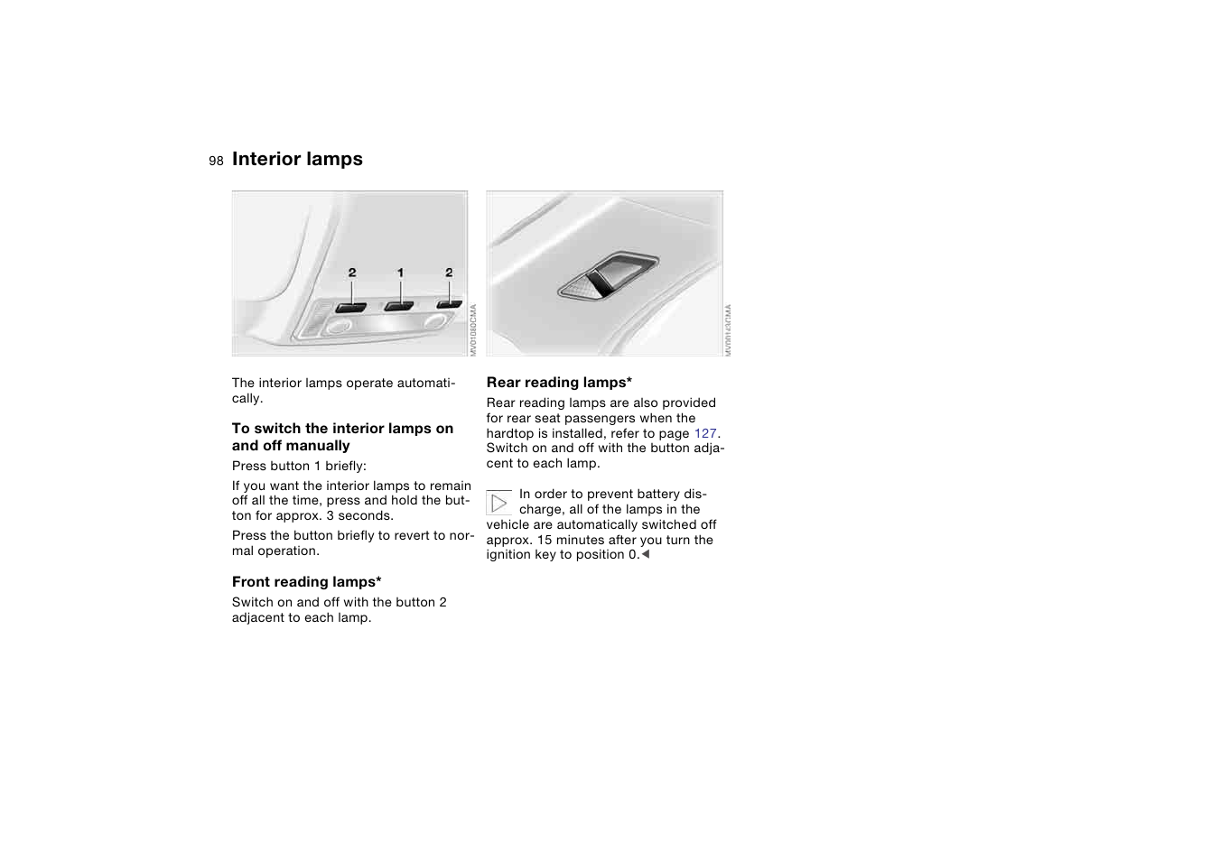 Interior lamps | BMW 330Ci Convertible 2005 User Manual | Page 98 / 190