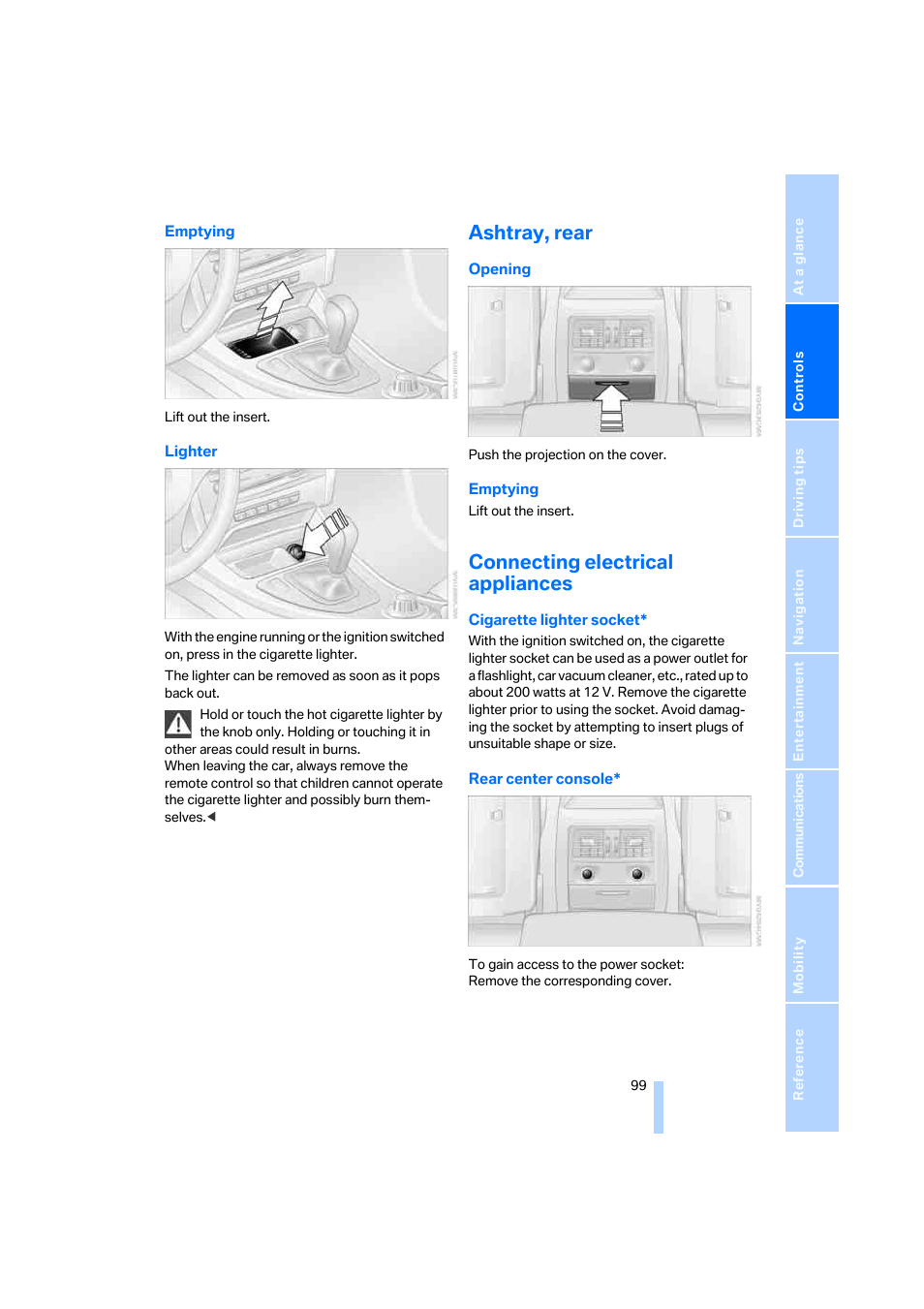 Ashtray, rear, Connecting electrical appliances | BMW 330i Sedan 2005 User Manual | Page 100 / 223