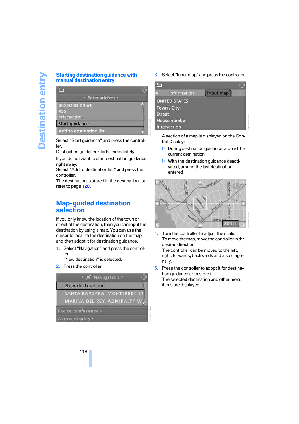 Map-guided destination selection, Destination entry | BMW 330i Sedan 2005 User Manual | Page 119 / 223