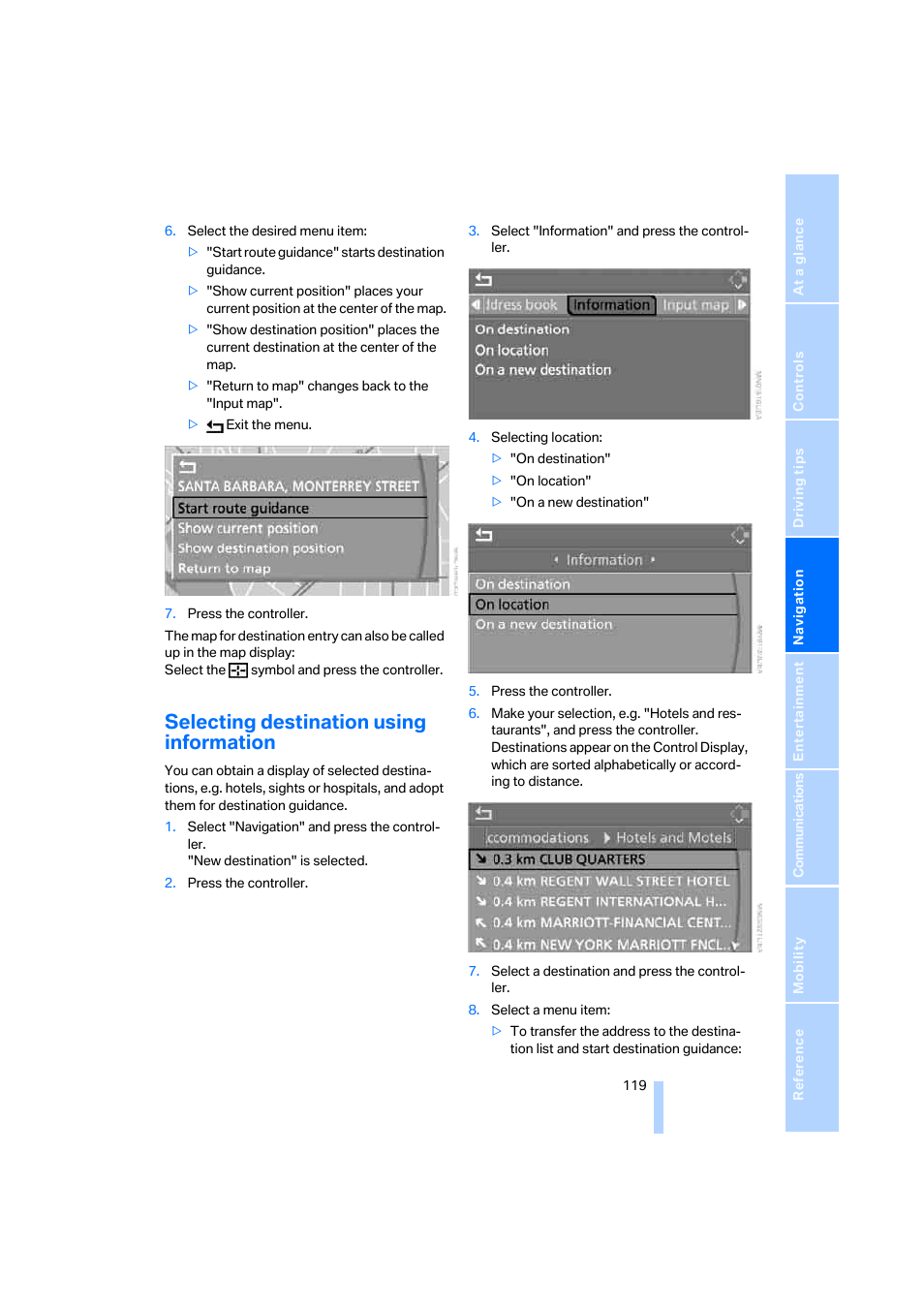 Selecting destination using information | BMW 330i Sedan 2005 User Manual | Page 120 / 223