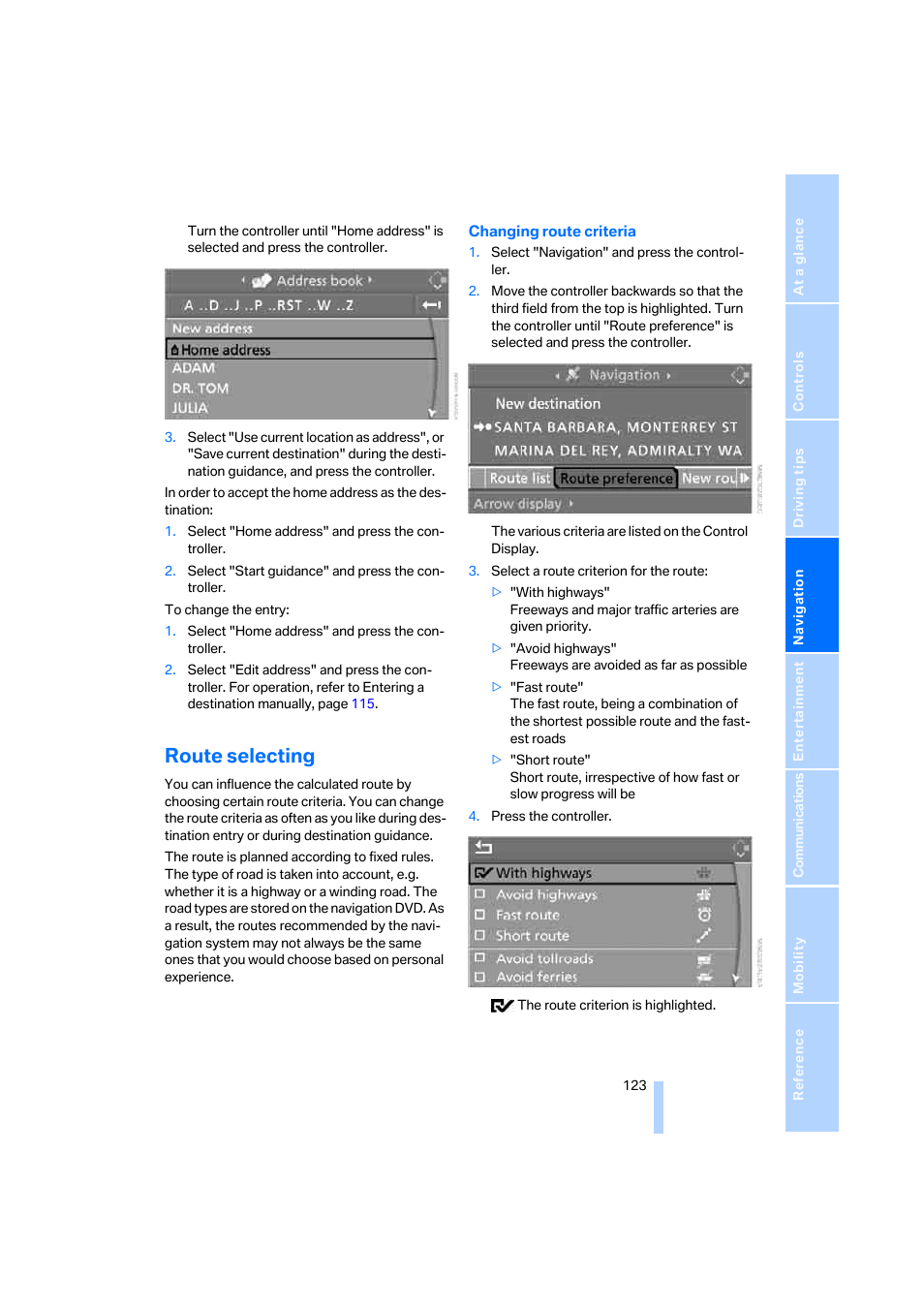 Route selecting | BMW 330i Sedan 2005 User Manual | Page 124 / 223