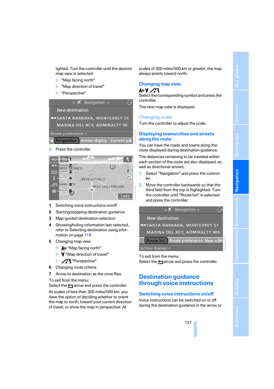 Destination guidance through voice instructions | BMW 330i Sedan 2005 User Manual | Page 128 / 223