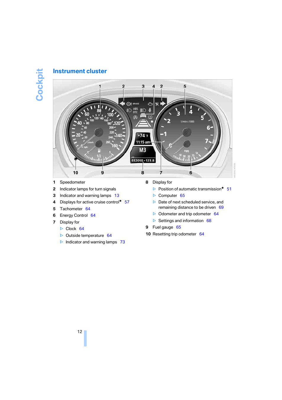 Instrument cluster, Cockpit | BMW 330i Sedan 2005 User Manual | Page 13 / 223