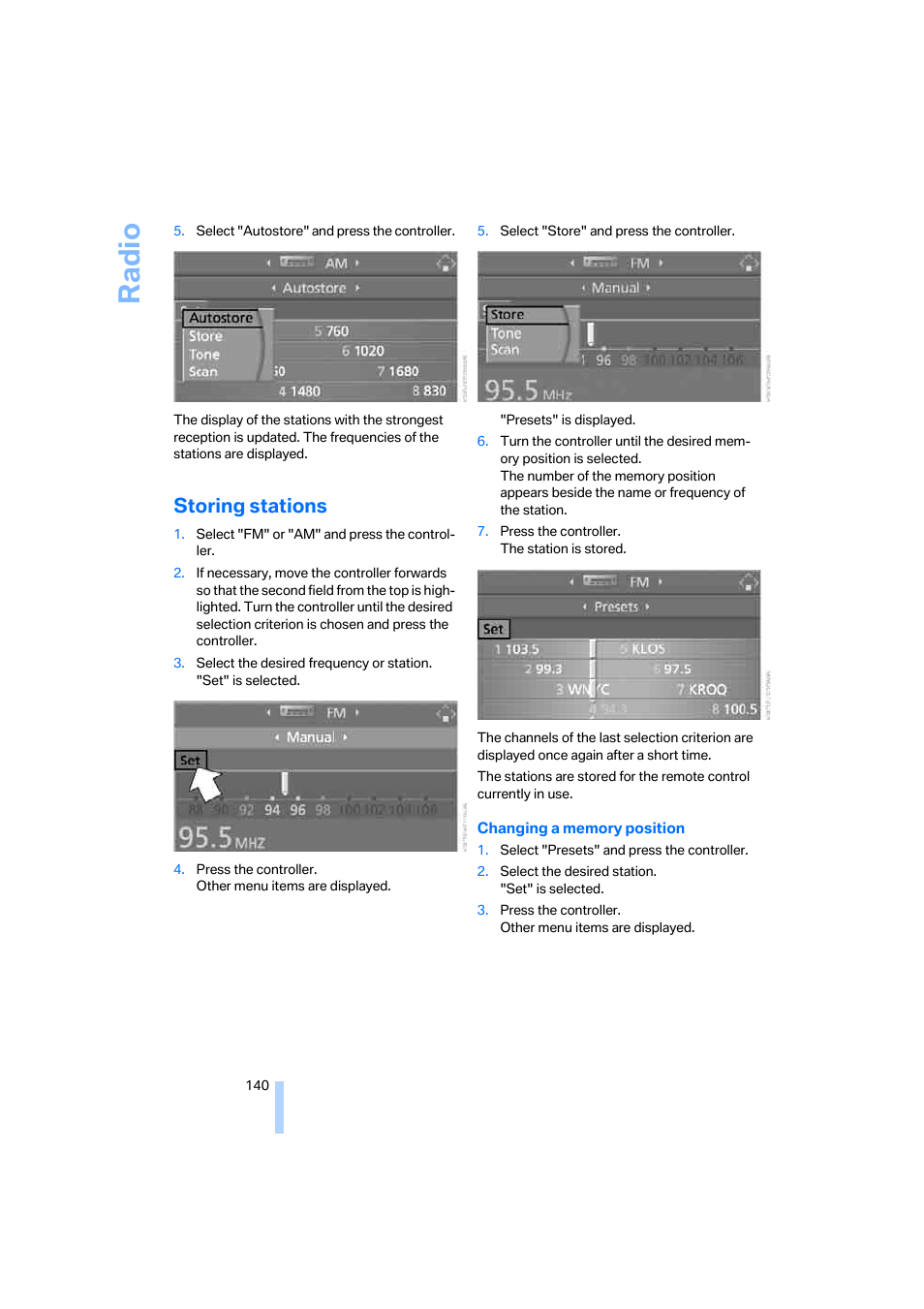Storing stations, Radi o | BMW 330i Sedan 2005 User Manual | Page 141 / 223