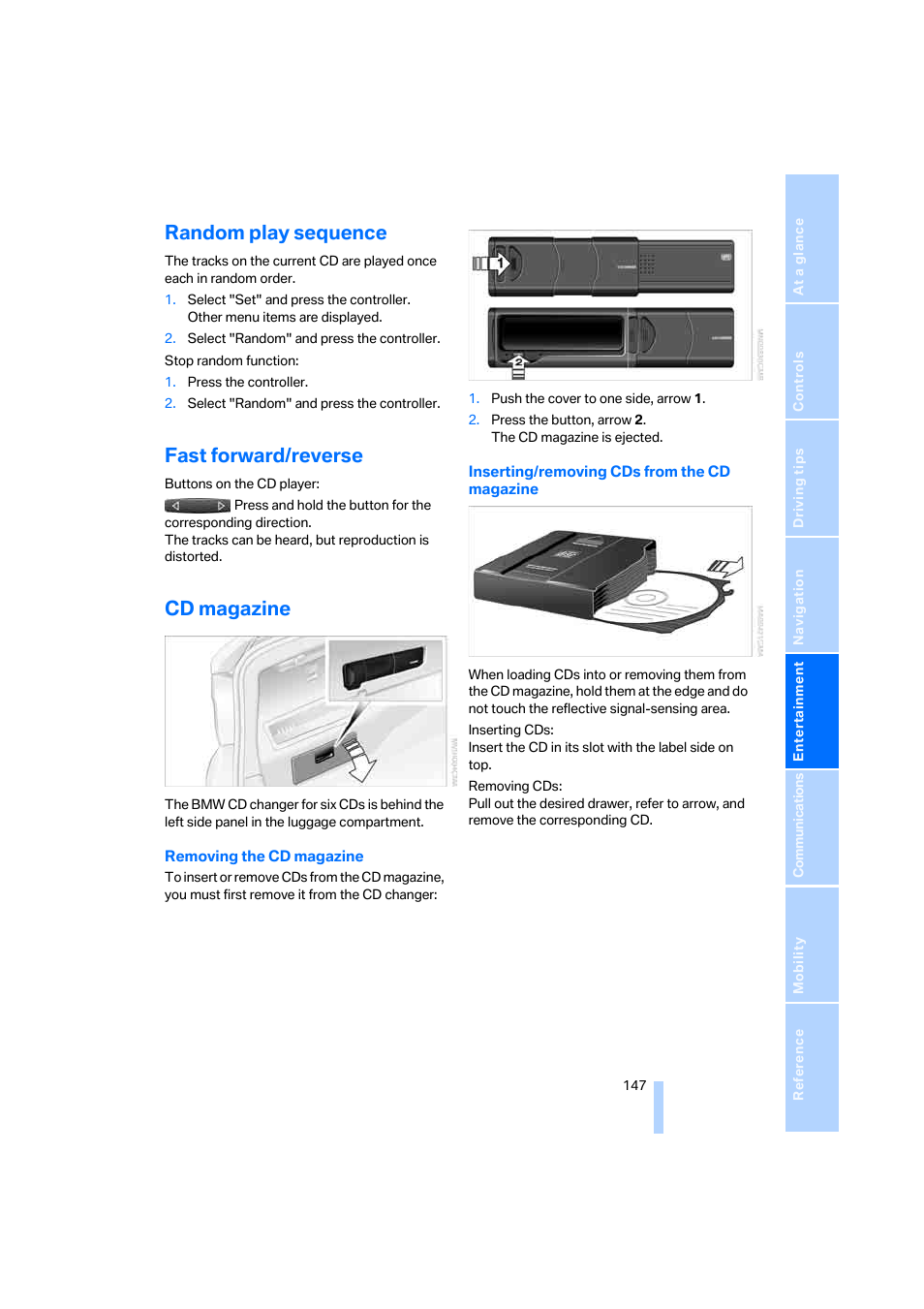 Random play sequence, Fast forward/reverse, Cd magazine | BMW 330i Sedan 2005 User Manual | Page 148 / 223