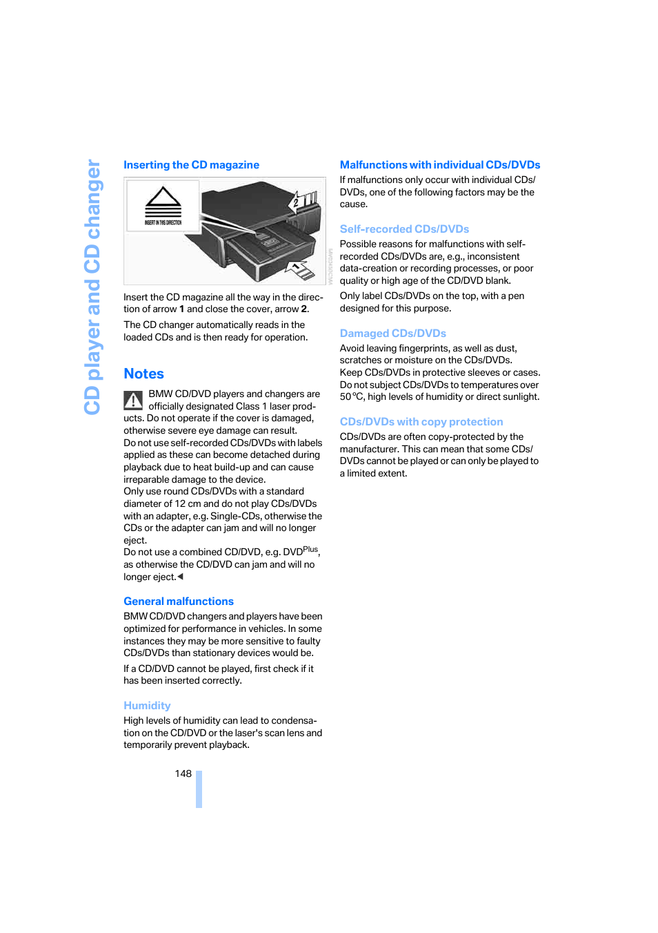 Notes, Cd player and cd changer | BMW 330i Sedan 2005 User Manual | Page 149 / 223