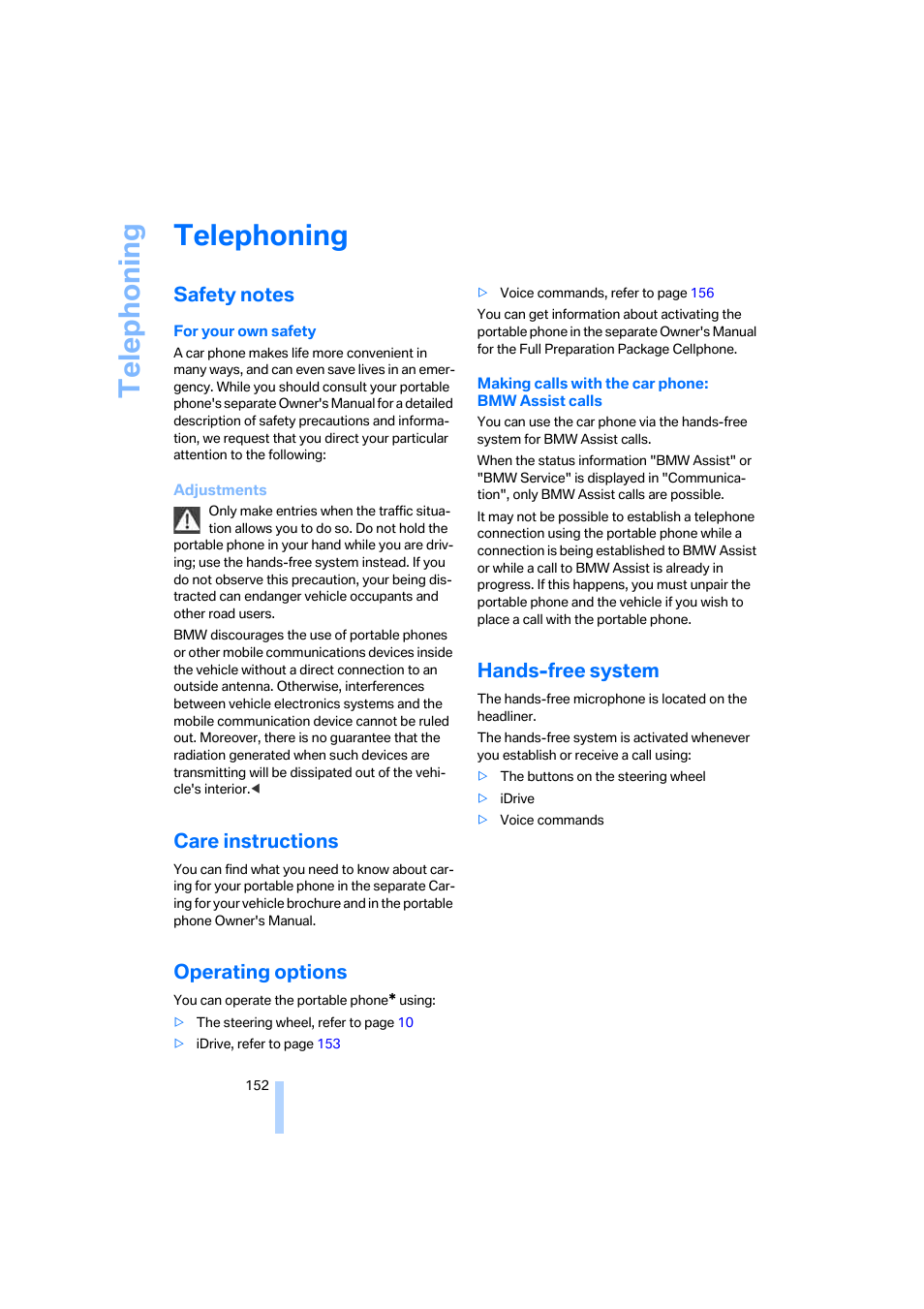 Telephoning, Safety notes, Care instructions | Operating options, Hands-free system | BMW 330i Sedan 2005 User Manual | Page 153 / 223