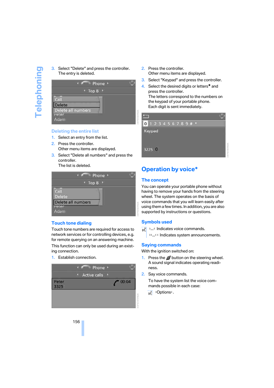 Operation by voice, Telephoning | BMW 330i Sedan 2005 User Manual | Page 157 / 223
