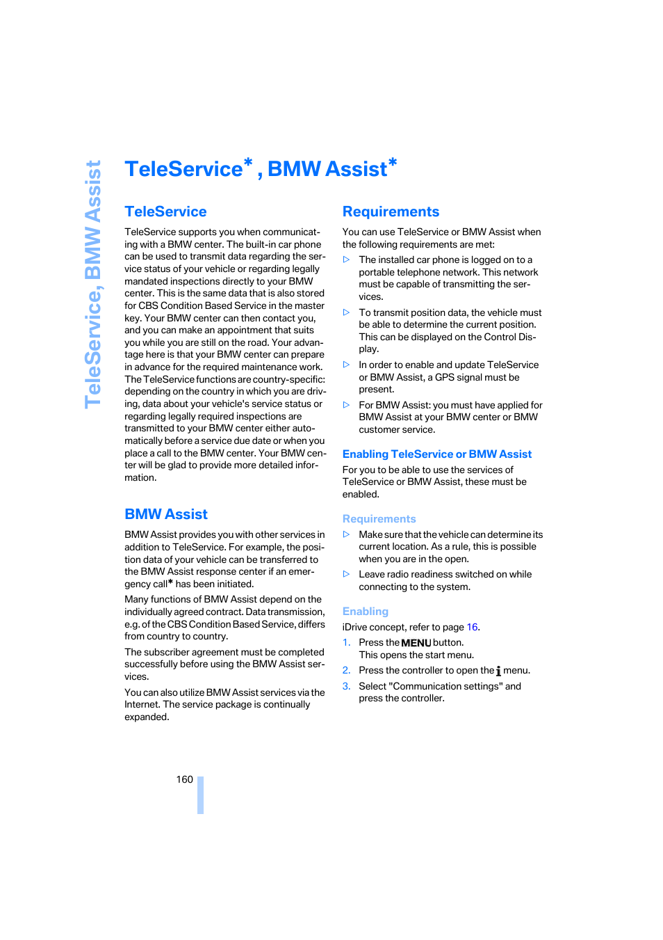 Teleservice, bmw assist, Teleservice, Bmw assist | Requirements, Teleservice , bmw assist | BMW 330i Sedan 2005 User Manual | Page 161 / 223