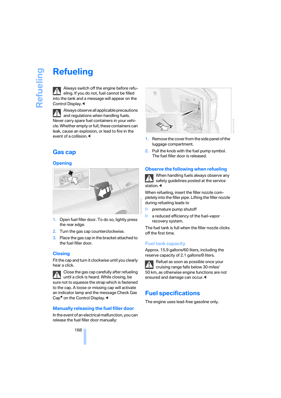 Refueling, Gas cap, Fuel specifications | Lity | BMW 330i Sedan 2005 User Manual | Page 169 / 223