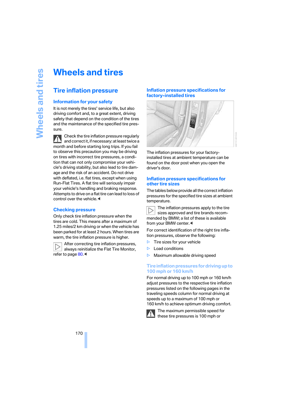 Wheels and tires, Tire inflation pressure | BMW 330i Sedan 2005 User Manual | Page 171 / 223