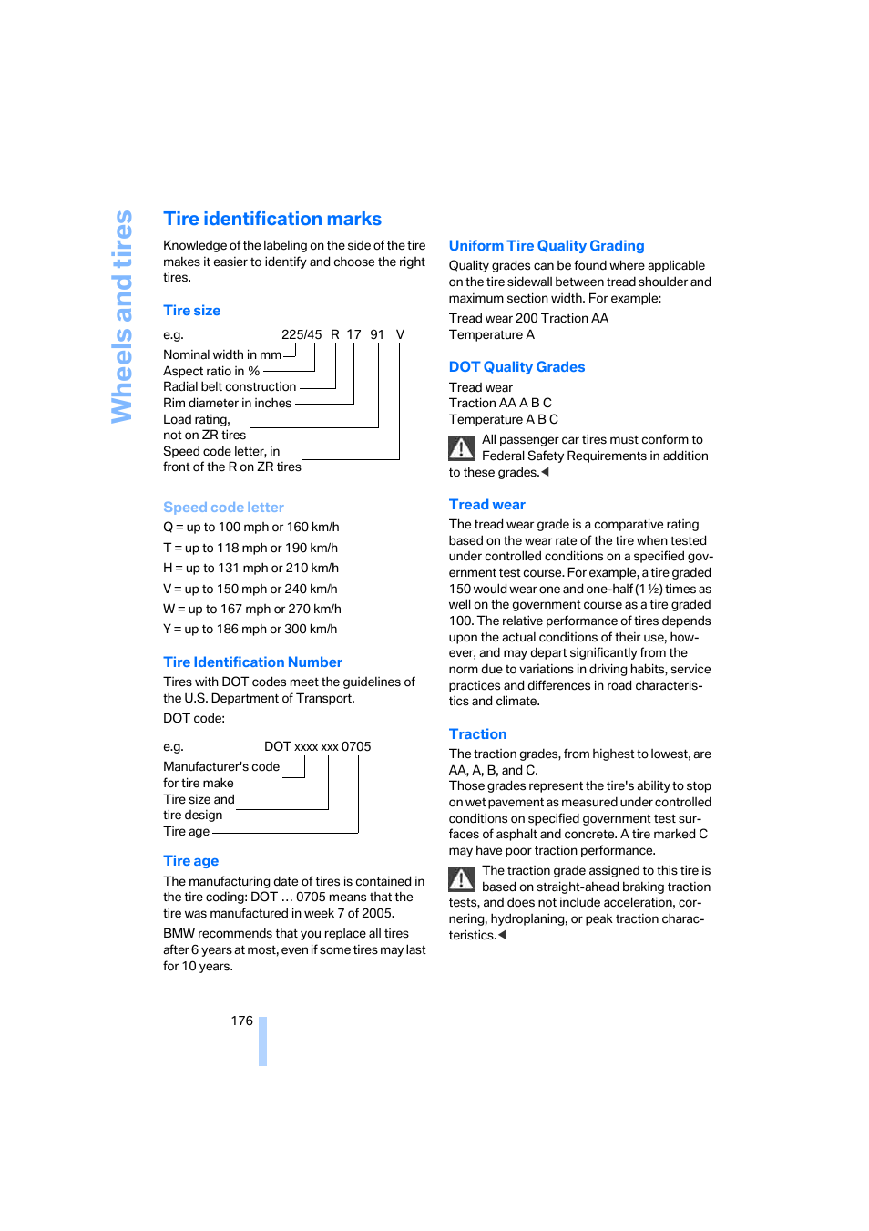 Tire identification marks, Wheels and tires | BMW 330i Sedan 2005 User Manual | Page 177 / 223