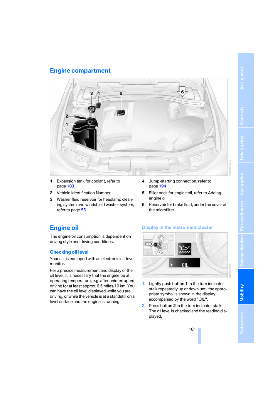 Engine compartment, Engine oil | BMW 330i Sedan 2005 User Manual | Page 182 / 223