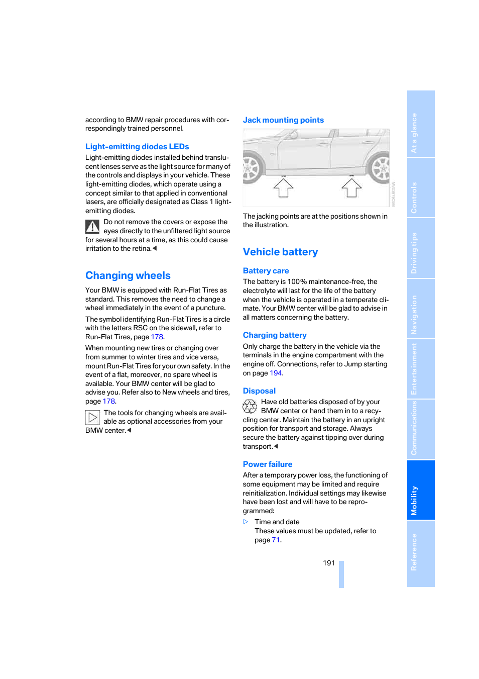 Changing wheels, Vehicle battery | BMW 330i Sedan 2005 User Manual | Page 192 / 223