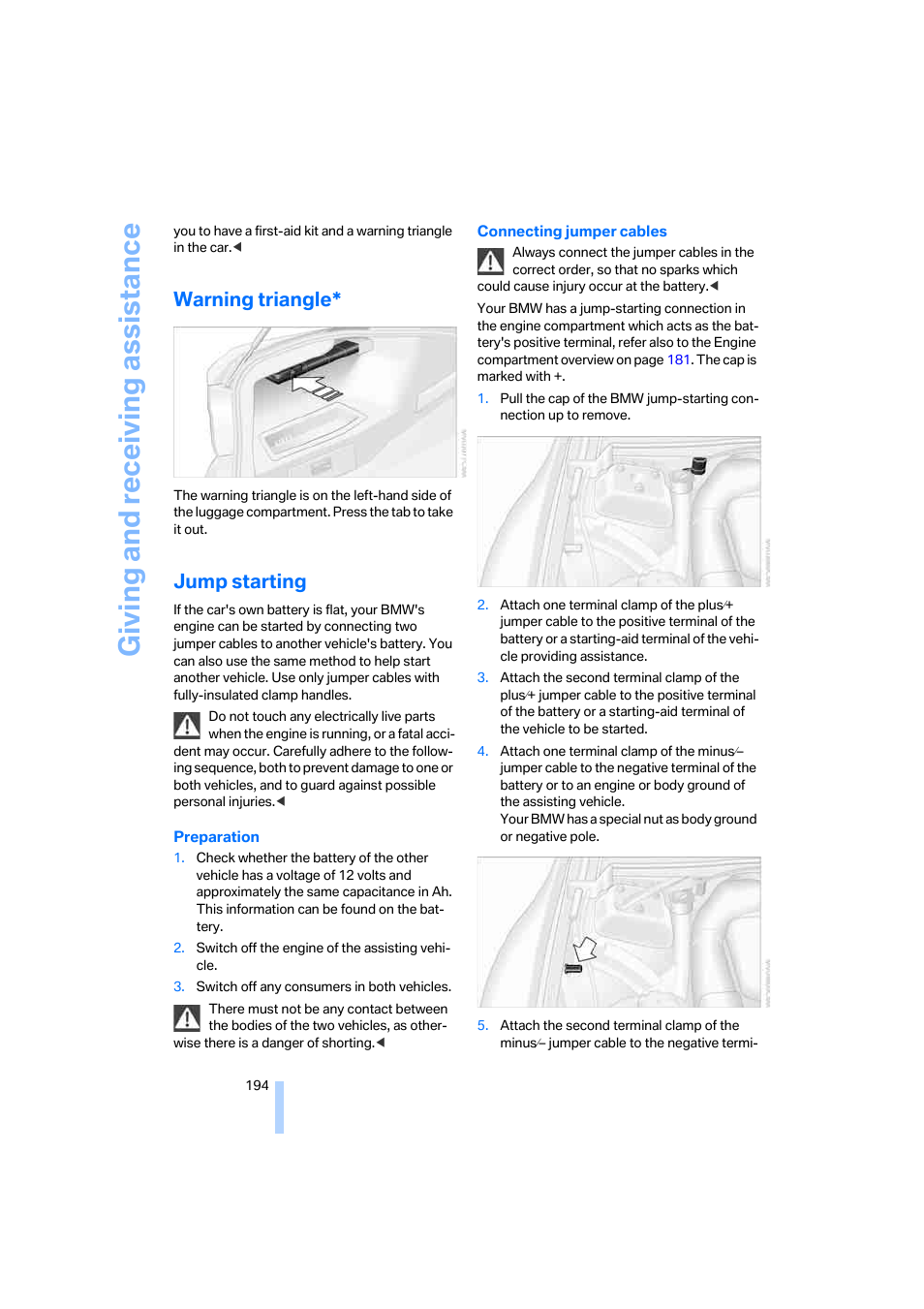 Warning triangle, Jump starting, To jump starting | Giving and receiving assistance | BMW 330i Sedan 2005 User Manual | Page 195 / 223