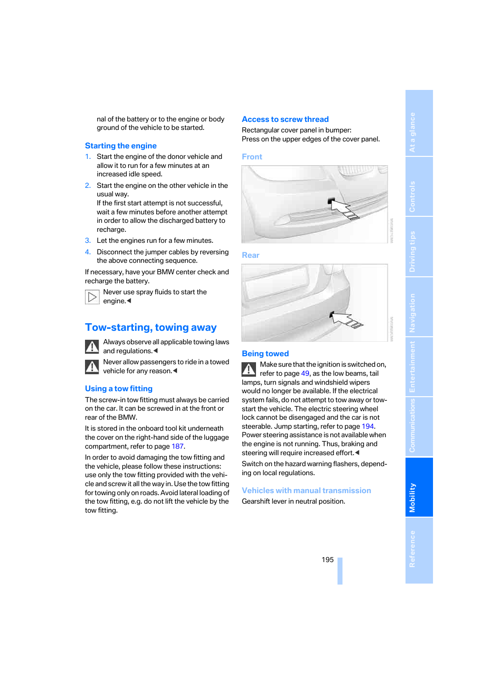 Tow-starting, towing away | BMW 330i Sedan 2005 User Manual | Page 196 / 223