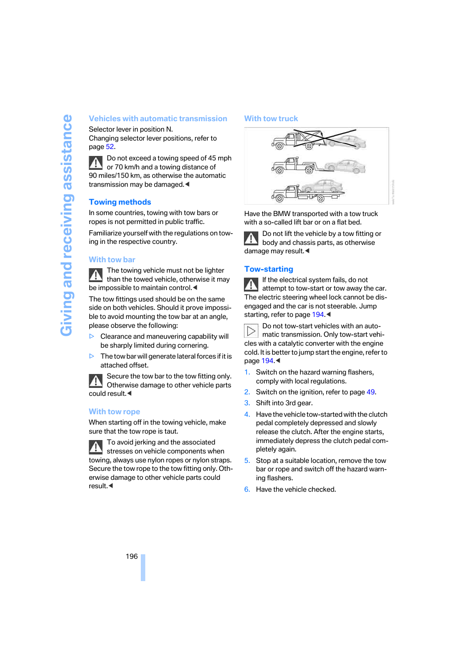 Giving and receiving assistance | BMW 330i Sedan 2005 User Manual | Page 197 / 223