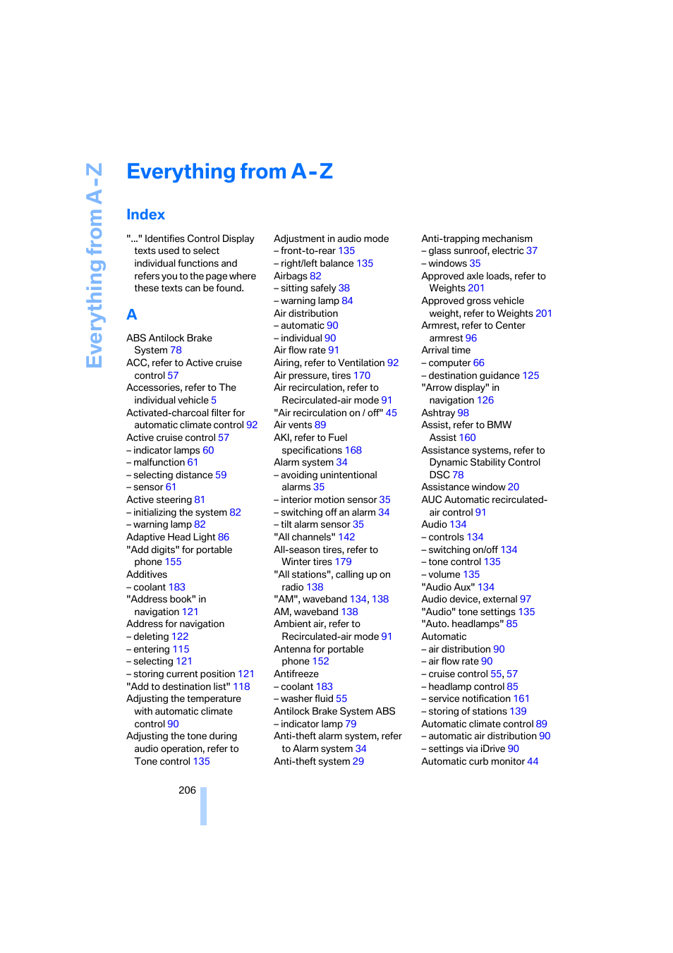 Everything from a - z, Index, Everything from a -z | Everything from a-z | BMW 330i Sedan 2005 User Manual | Page 207 / 223