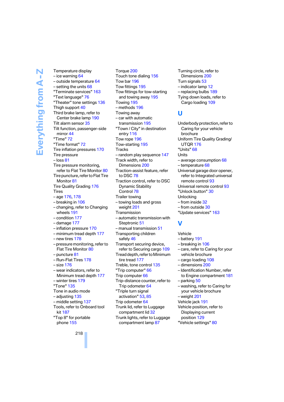 Everything from a -z | BMW 330i Sedan 2005 User Manual | Page 219 / 223