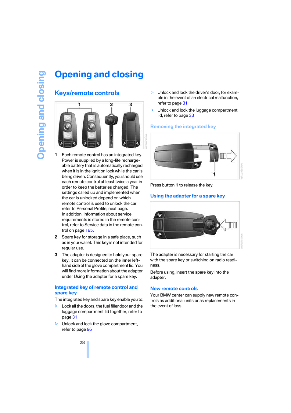 Opening and closing, Keys/remote controls | BMW 330i Sedan 2005 User Manual | Page 29 / 223