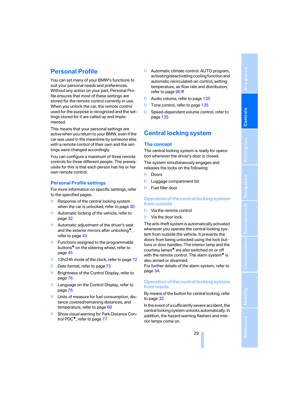 Personal profile, Central locking system, Refer to personal profile | BMW 330i Sedan 2005 User Manual | Page 30 / 223