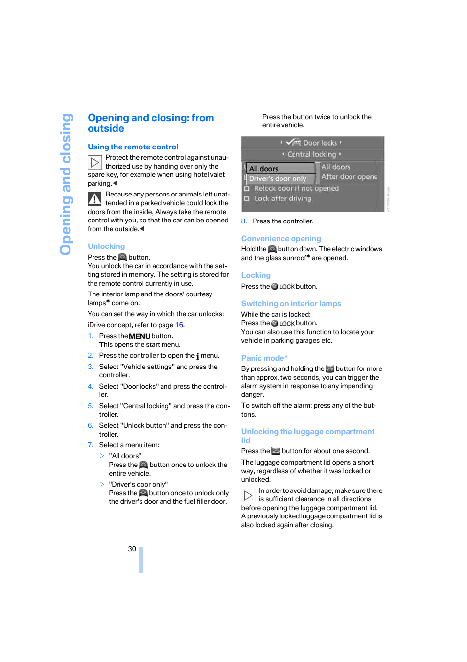 Opening and closing: from outside, Opening and closing | BMW 330i Sedan 2005 User Manual | Page 31 / 223