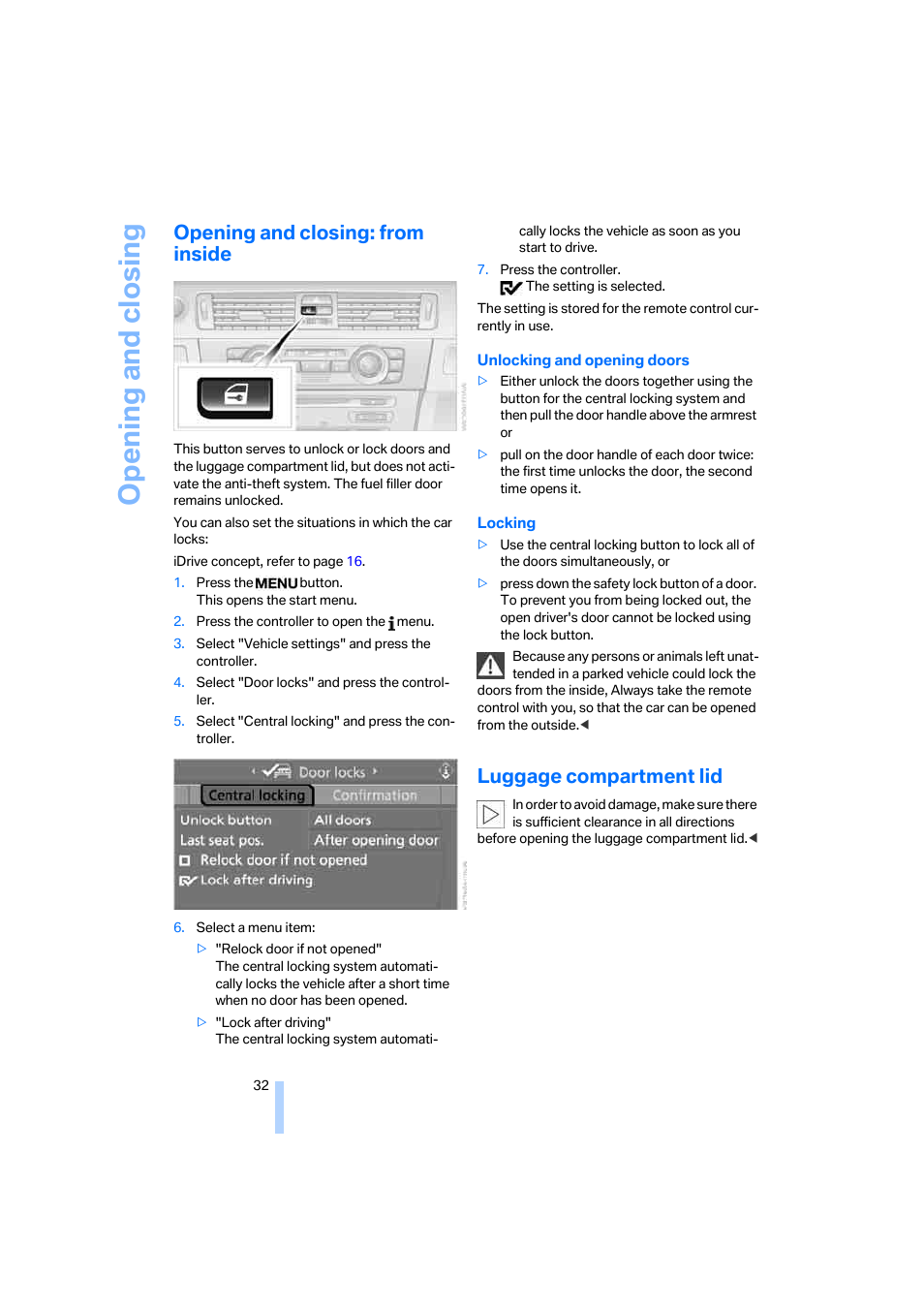 Opening and closing: from inside, Luggage compartment lid, Opening and closing | BMW 330i Sedan 2005 User Manual | Page 33 / 223