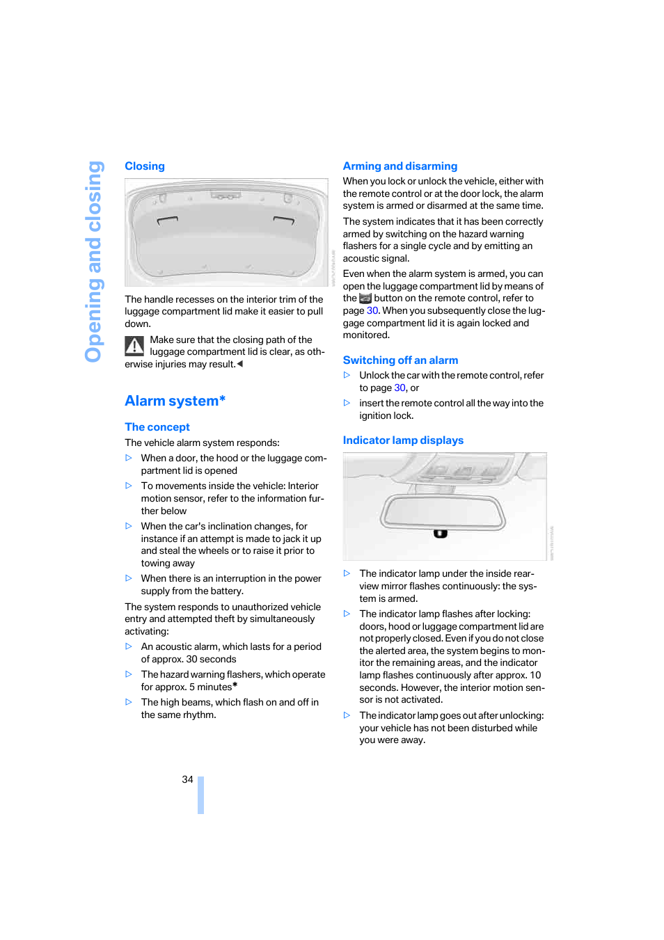 Alarm system, Switching off an alarm, refer t, Opening and closing | BMW 330i Sedan 2005 User Manual | Page 35 / 223