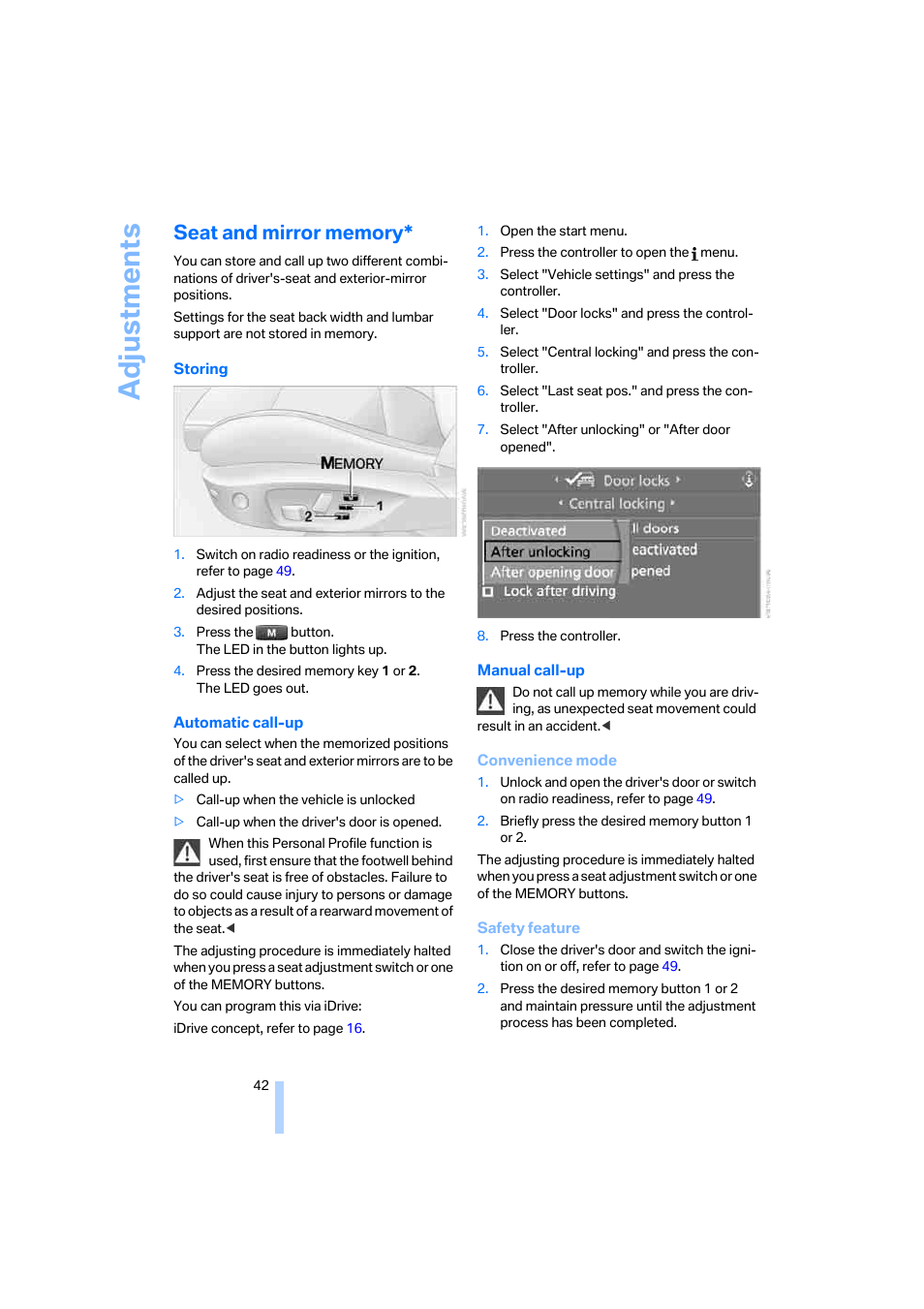 Seat and mirror memory, Adjustments | BMW 330i Sedan 2005 User Manual | Page 43 / 223