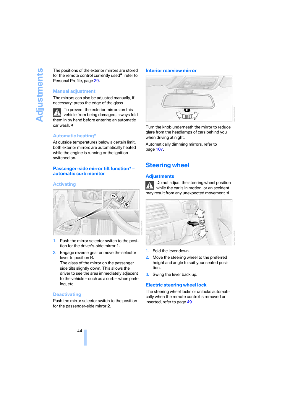 Steering wheel, Stment, Adjustments | BMW 330i Sedan 2005 User Manual | Page 45 / 223