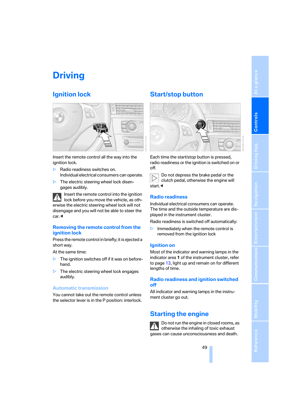 Driving, Ignition lock, Start/stop button | Starting the engine, Arting/stopping the engine | BMW 330i Sedan 2005 User Manual | Page 50 / 223