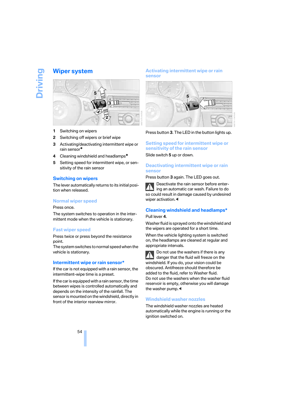 Wiper system, Driving | BMW 330i Sedan 2005 User Manual | Page 55 / 223