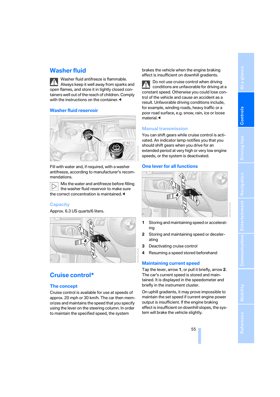 Washer fluid, Cruise control | BMW 330i Sedan 2005 User Manual | Page 56 / 223