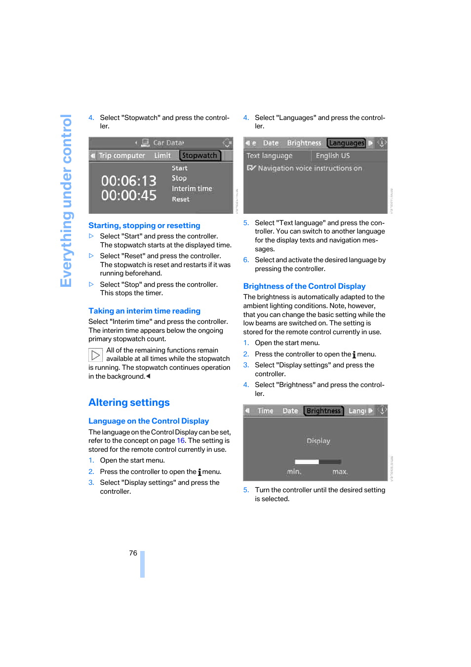 Altering settings, Brightness of the control display, refer to, Language on the control display, refer to | Everything under control | BMW 330i Sedan 2005 User Manual | Page 77 / 223