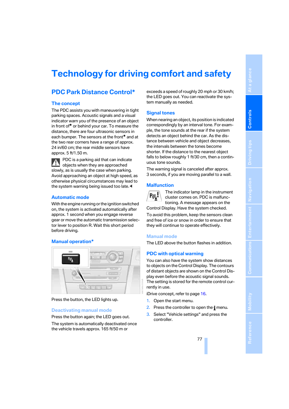 Technology for driving comfort and safety, Pdc park distance control | BMW 330i Sedan 2005 User Manual | Page 78 / 223