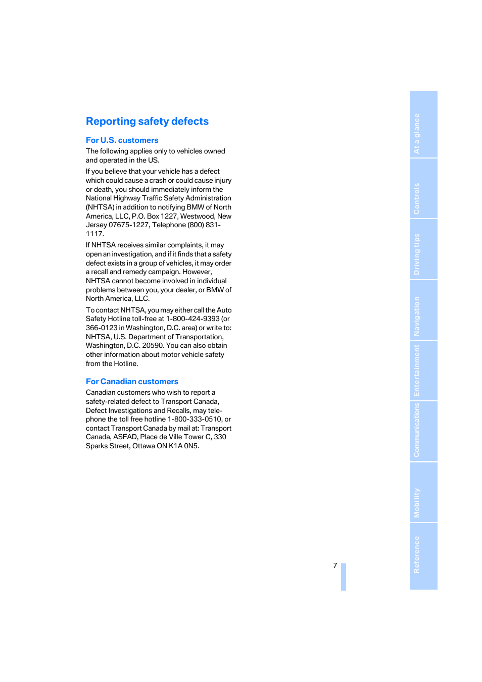 Reporting safety defects | BMW 330i Sedan 2005 User Manual | Page 8 / 223