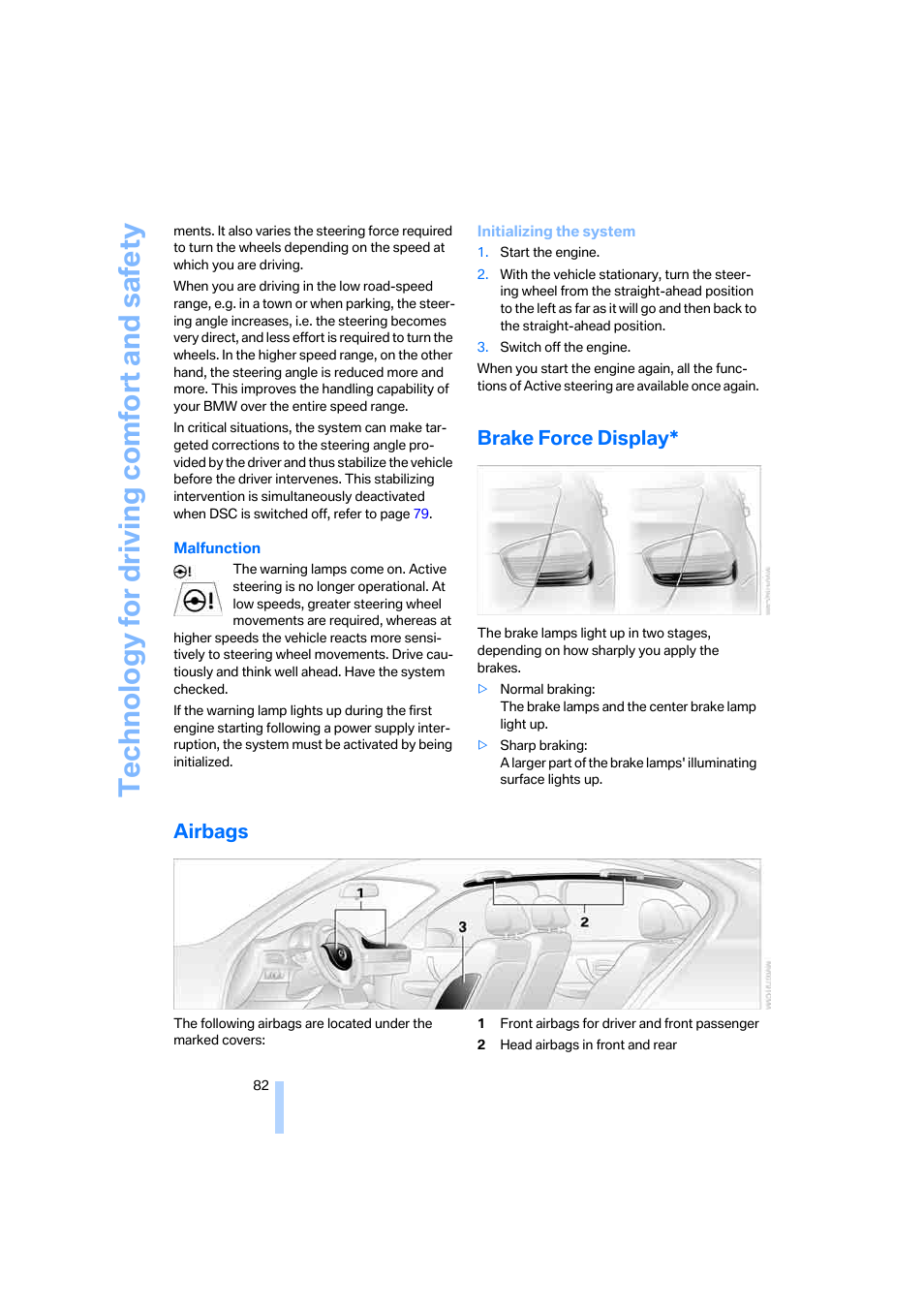 Brake force display, Airbags, Technology for driving comfort and safety | BMW 330i Sedan 2005 User Manual | Page 83 / 223