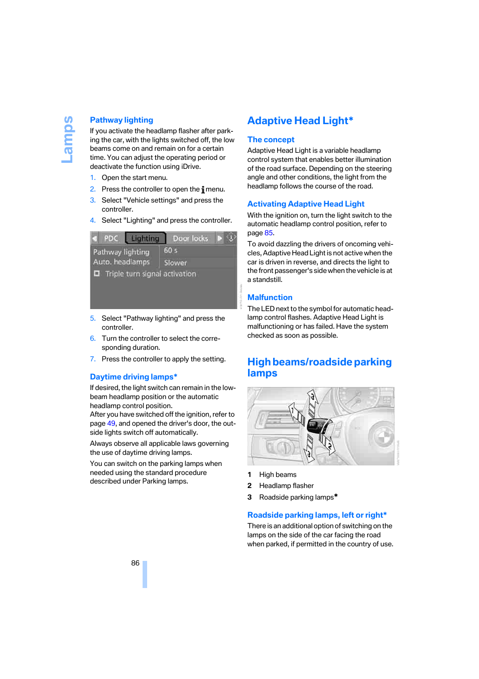 Adaptive head light, High beams/roadside parking lamps, La mps | BMW 330i Sedan 2005 User Manual | Page 87 / 223