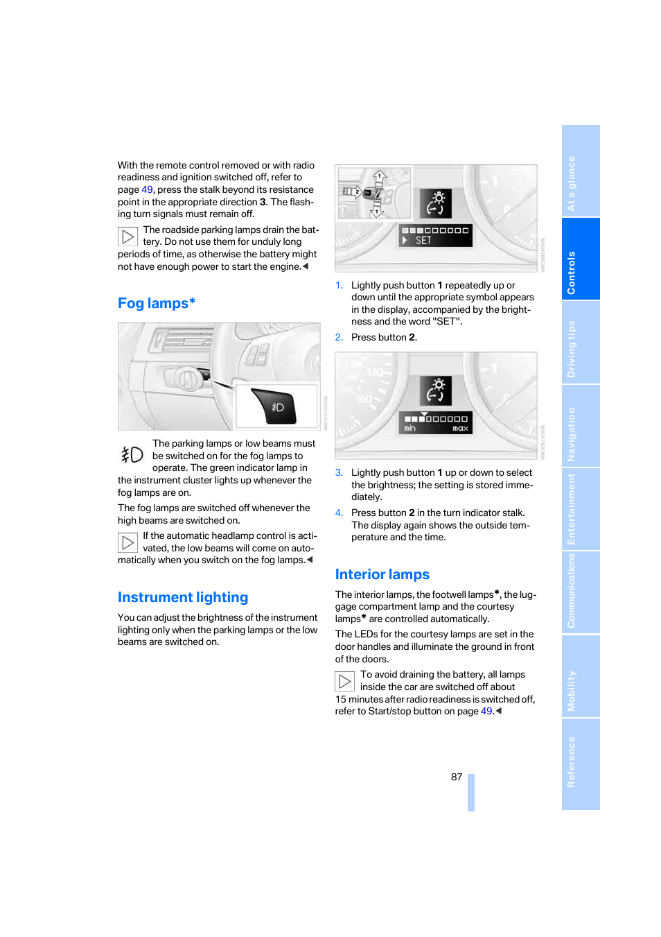 Fog lamps, Instrument lighting, Interior lamps | Nt lighting, Lighting brightness | BMW 330i Sedan 2005 User Manual | Page 88 / 223