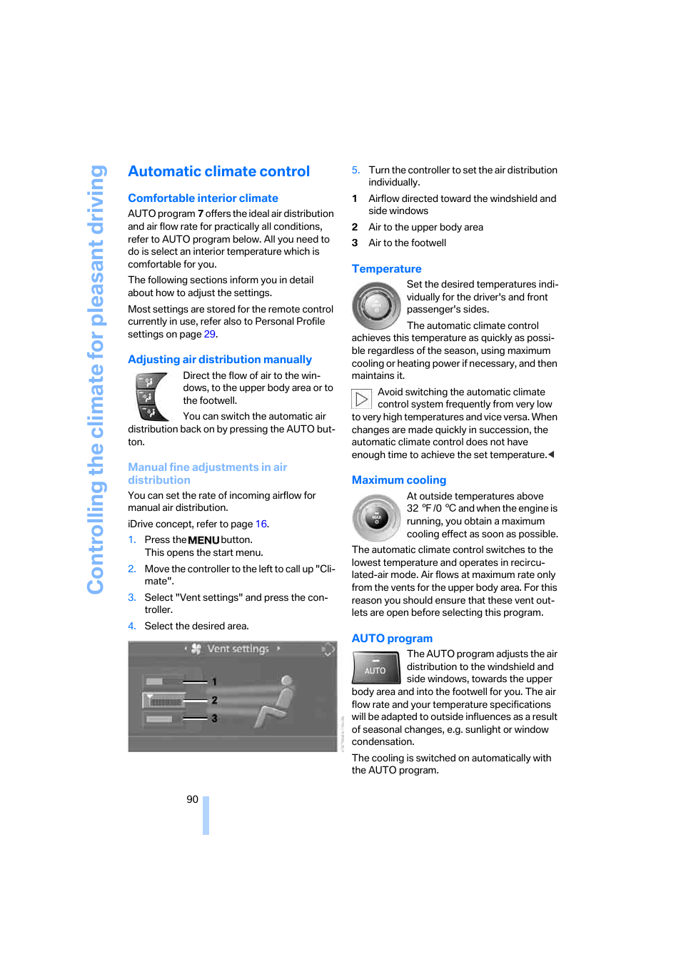 Automatic climate control, Windshield, Distribution to the footwell | Rate, Maximum cooling, Controlling the climate for pleasant driving | BMW 330i Sedan 2005 User Manual | Page 91 / 223