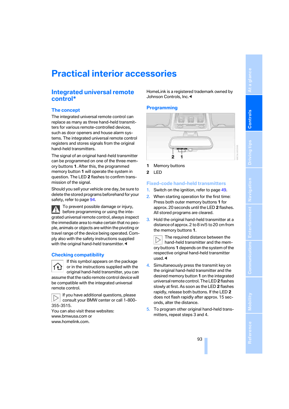 Practical interior accessories, Integrated universal remote control | BMW 330i Sedan 2005 User Manual | Page 94 / 223