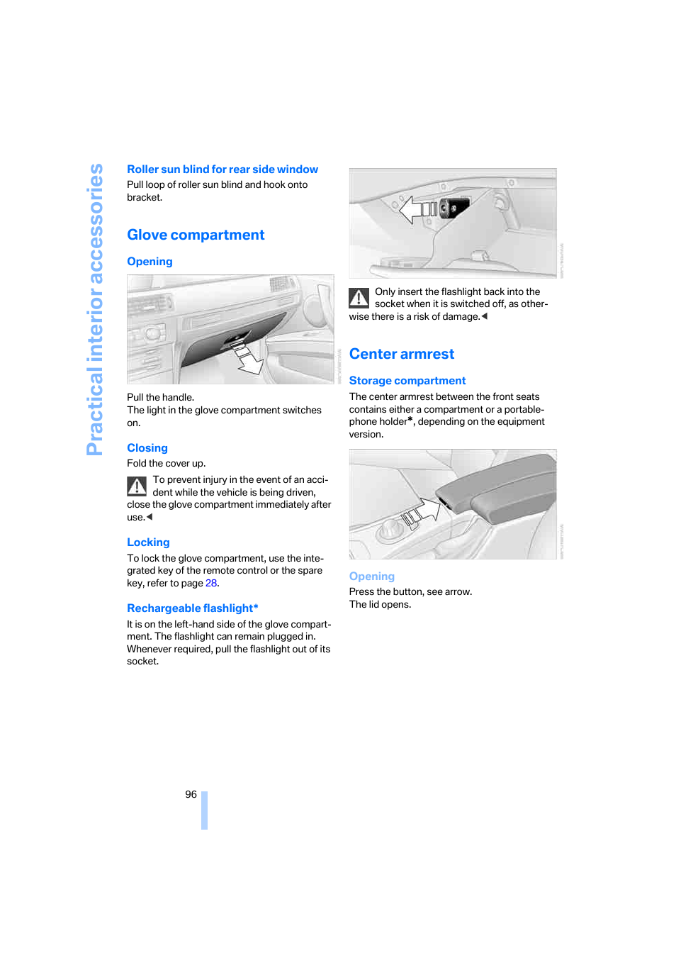 Glove compartment, Center armrest, Practical interior accessories | BMW 330i Sedan 2005 User Manual | Page 97 / 223