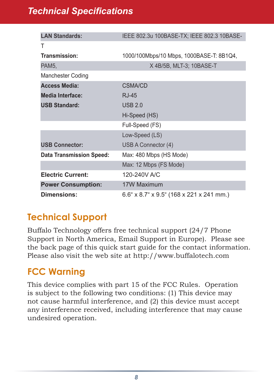 Technical support, Fcc warning, Technical specifications | Buffalo Technology HS-DTGL/R5 User Manual | Page 8 / 9