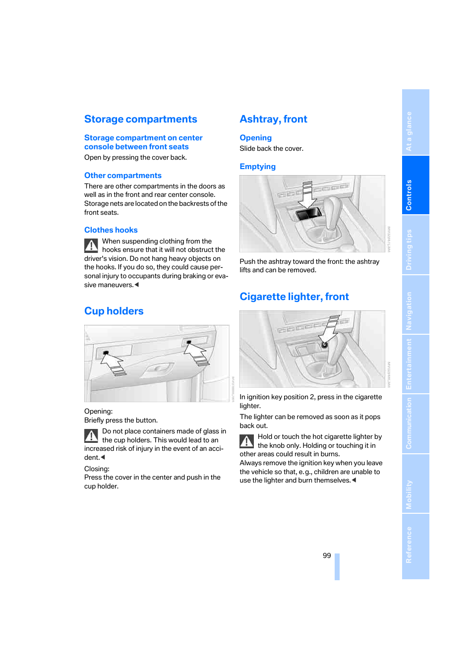 Storage compartments, Cup holders, Ashtray, front | Cigarette lighter, front | BMW 525i Sedan 2005 User Manual | Page 100 / 221