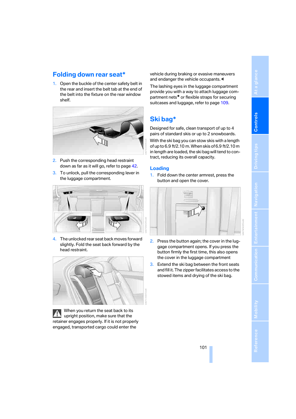 Folding down rear seat, Ski bag | BMW 525i Sedan 2005 User Manual | Page 102 / 221